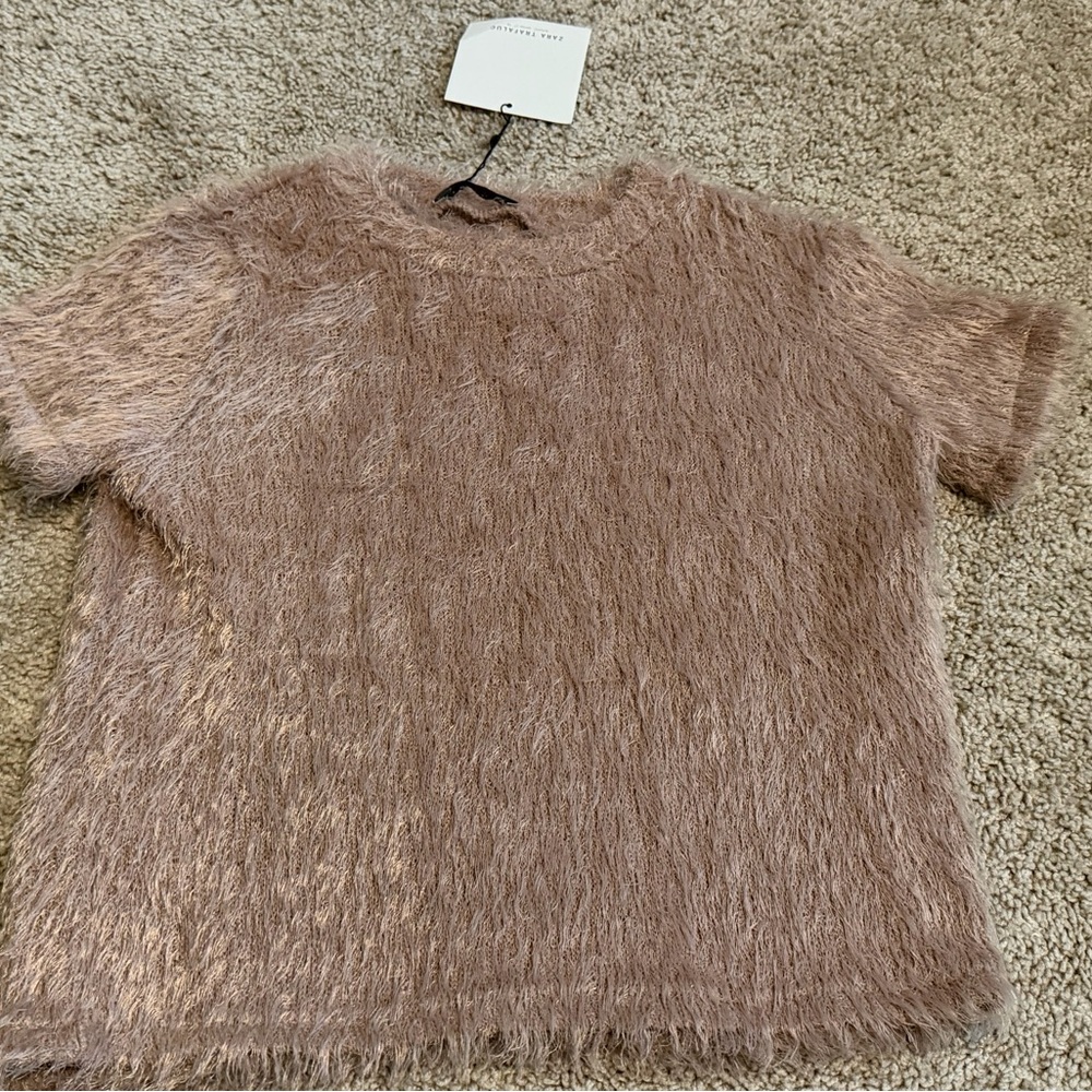ZARA Trafaluc Mink Fuzzy Knit Sweater Top Short Sleeve Soft Size Small NWT